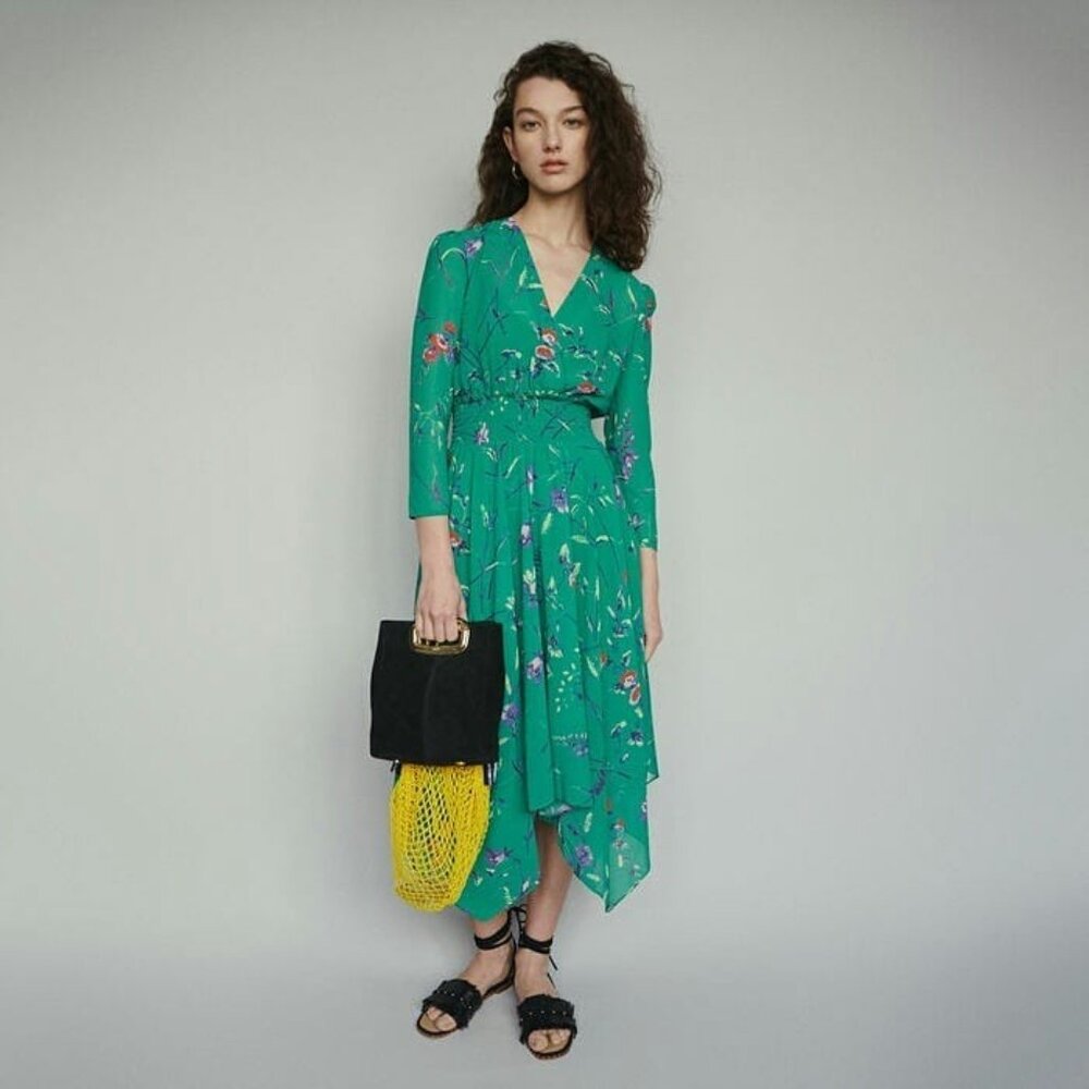 Maje Rayema Green Floral Midi Dress Hankerchief